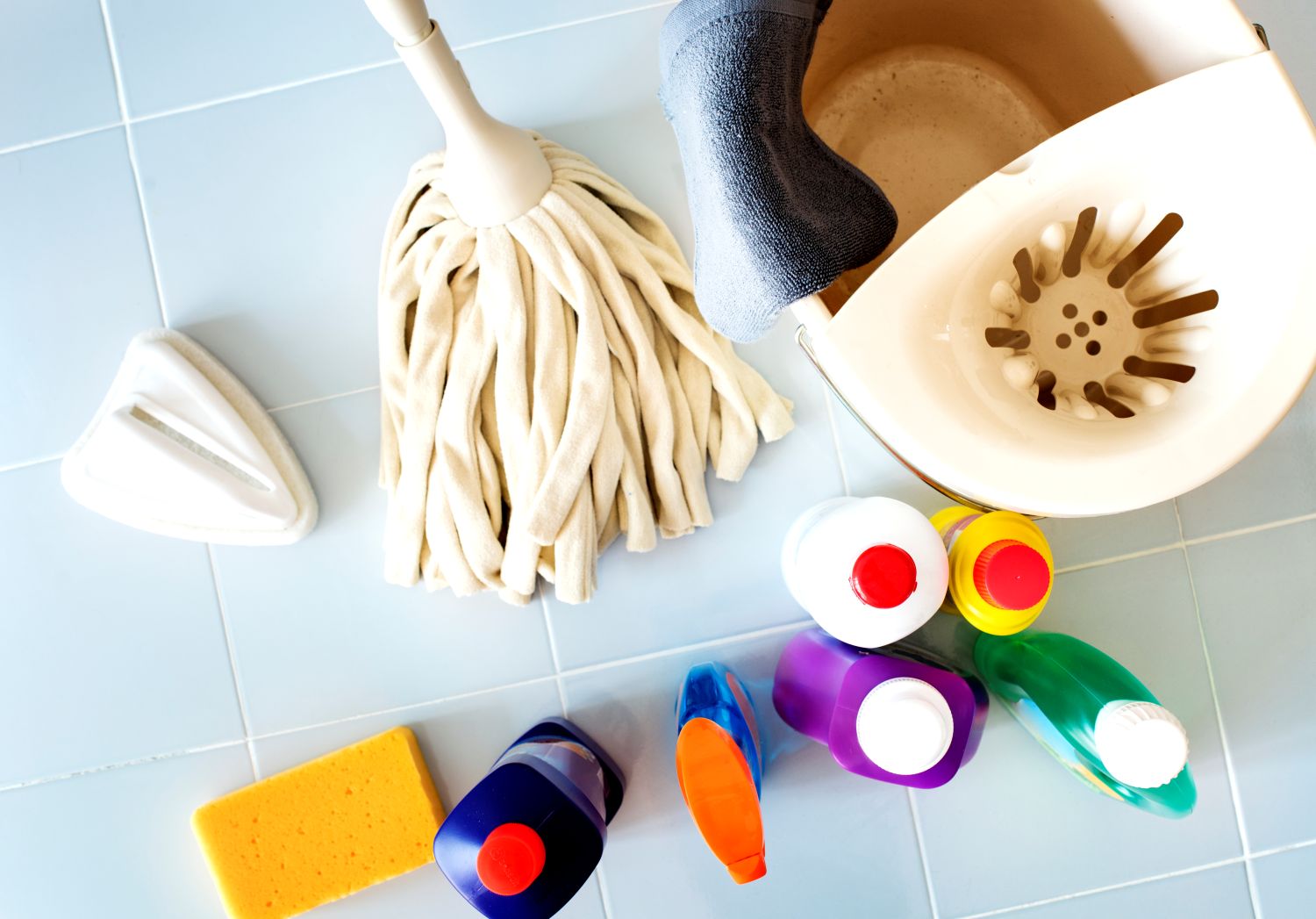 cleaning equipment on grey background
